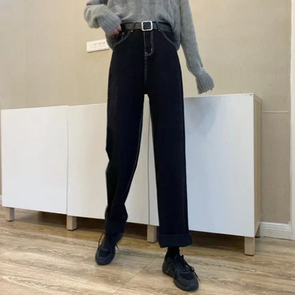 Woman Vintage Casual High Waist Black Jeans