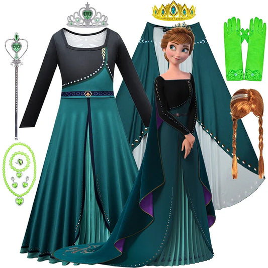 Frozen Coronation Anna Princess Girls Cosplay  Long Sleeve Costume Carnival Party Kids Cloak Clothes Birthday Print Dress
