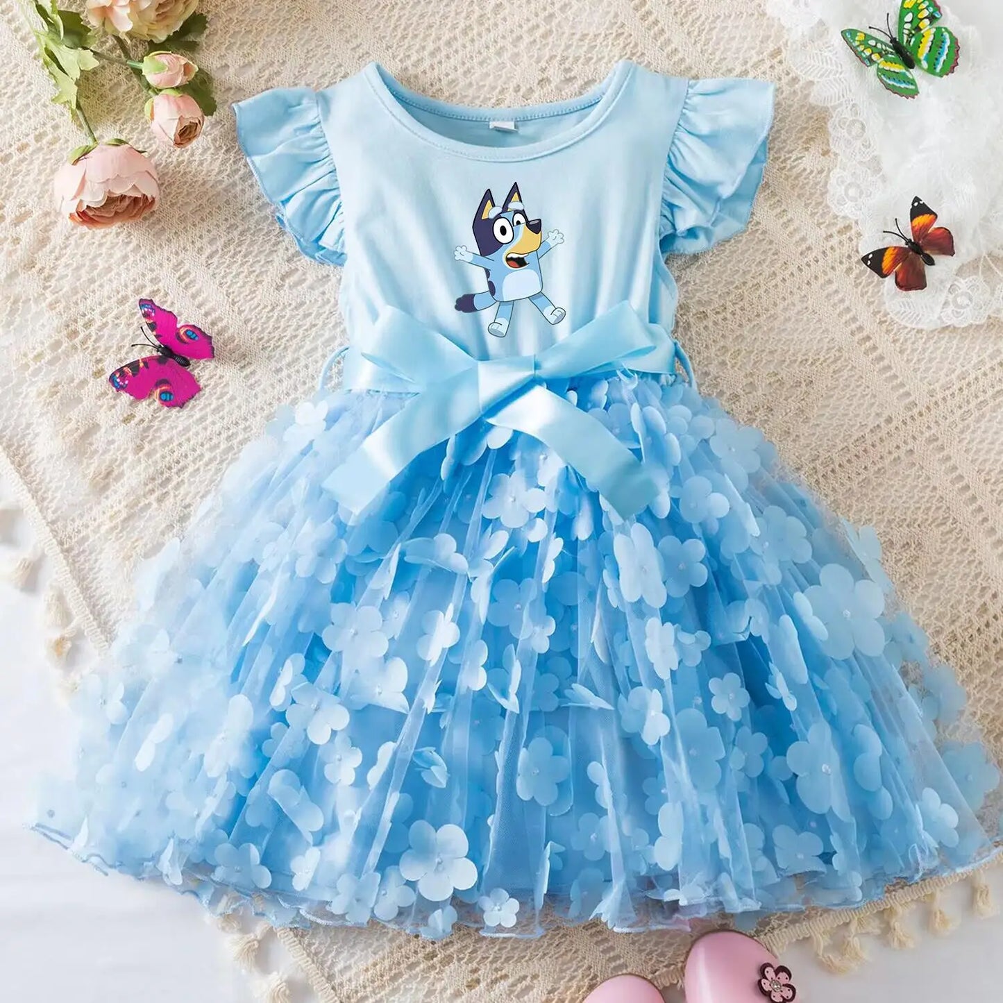 Vestido de Bebê Menina Bluey de Tule com Flores Vestido de Princesa para Casamento Tutu Sem Mangas Roupa de Festa para Fotos Presente de Aniversário
