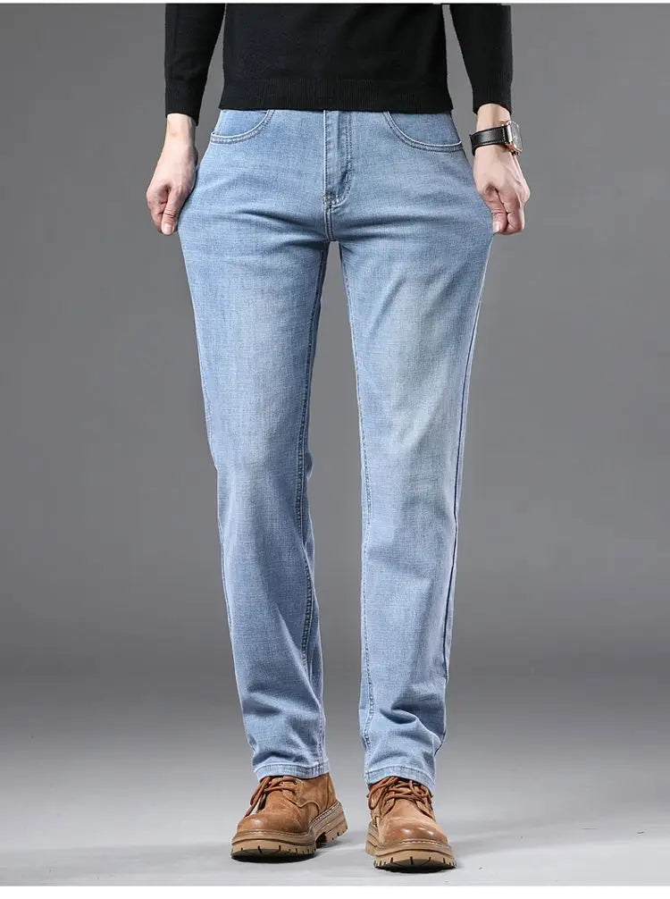 High Quality Spring Autumn Men's Slim Jeans Stylish Casual Stretch Fabric Denim Pants Classic Trousers Smoke Gray Plus Size 40