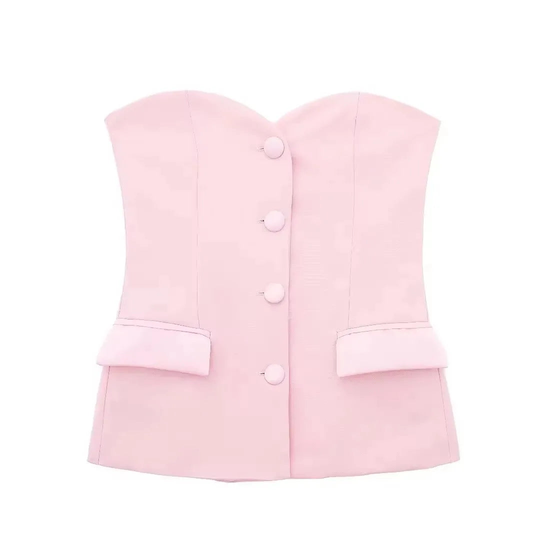 Summer Women Elegant White Top Front Button Corset Tube Top Strapless Sleeveless 2024 Fashion Y2k Female Chic Top