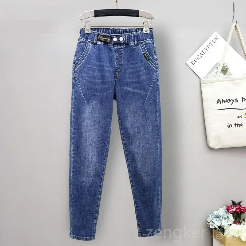 Extra-large stretch jeans girls stretch waist loose and thin Harlan pants