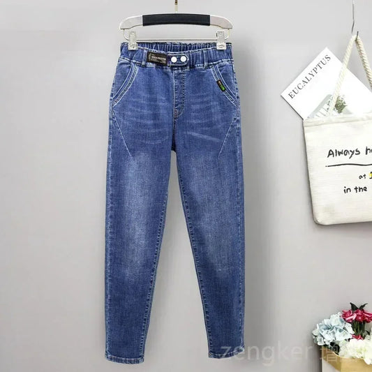 Extra-large stretch jeans girls stretch waist loose and thin Harlan pants
