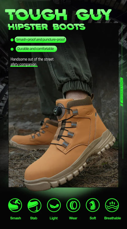 Leather Non Slip Work Boots for Men Rotating Button Safety Shoes Steel Toe Sneaker Male Puncture Proof Protective Boots