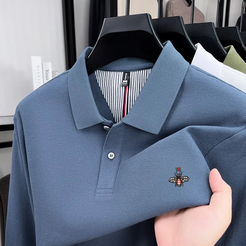 100% cotton high-end spring and autumn new men's long sleeved casual comfortable polo shirt exquisite brand bee embroidery top