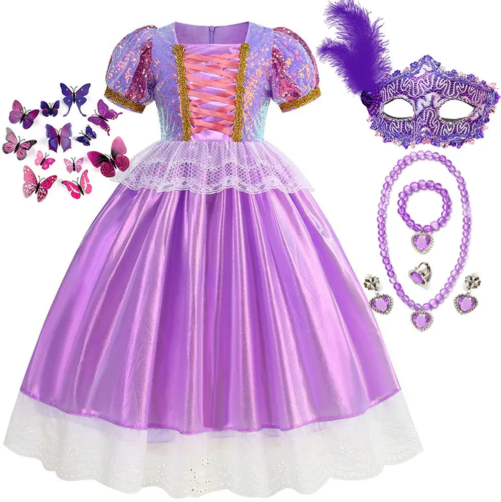 Short Sleeve Purple Puffy Dress + Accessories Girls Cosplay Rapunzel Summer Casual Dress Birthday Party Gift