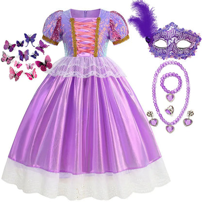 Short Sleeve Purple Puffy Dress + Accessories Girls Cosplay Rapunzel Summer Casual Dress Birthday Party Gift