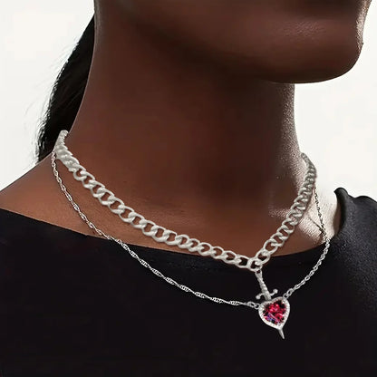 2pcs Can Be Assembled Heart and Sword Zircon Pendant Necklace for Women Men Couple Silver Gold Plated Choker Chain Jewelry