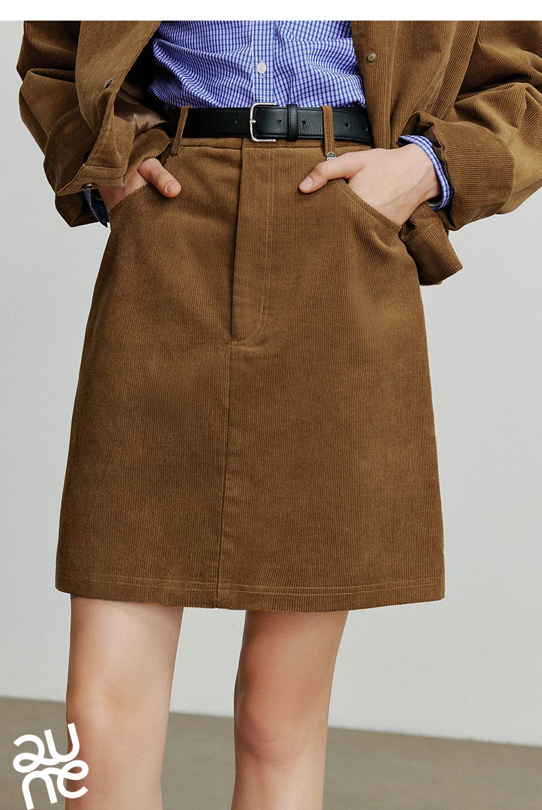 Women Midi Skirt 2025 Autumn New Retro Corduroy Elastic Waist Pure Cotton A Line Mini Skirt