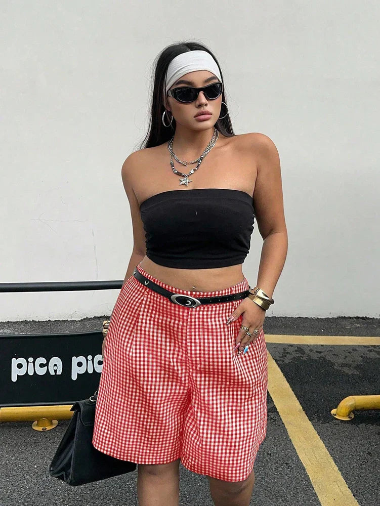 Ladies plus Size Spring Simple Casual Black White Plaid Shorts Wide Leg Pants Trousers for Women