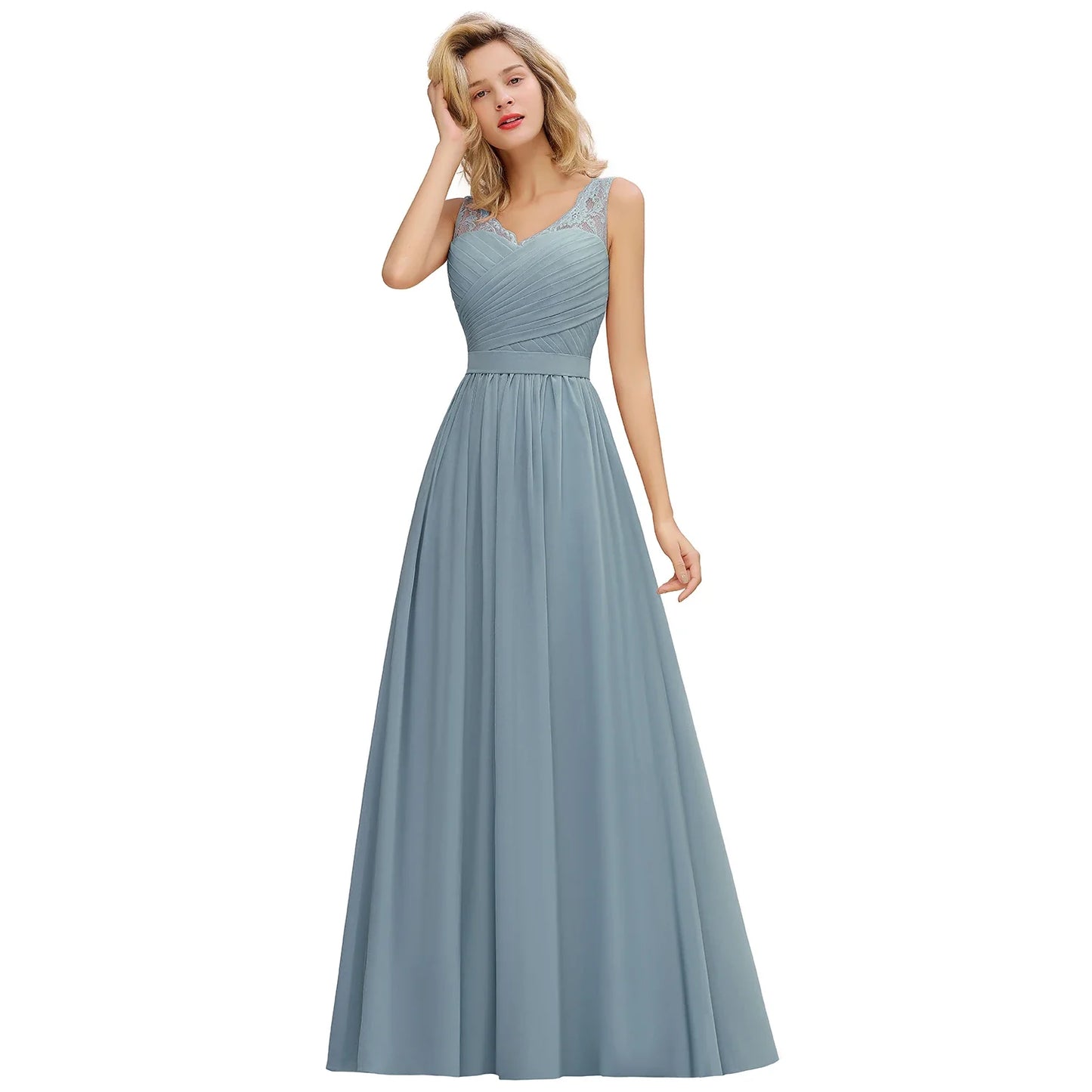 Elegant Bridesmaid Dress Pleated Bodice See-through Lace Cap Sleeves Maxi Flowy A-Line Skirt Wedding Party Gown Women