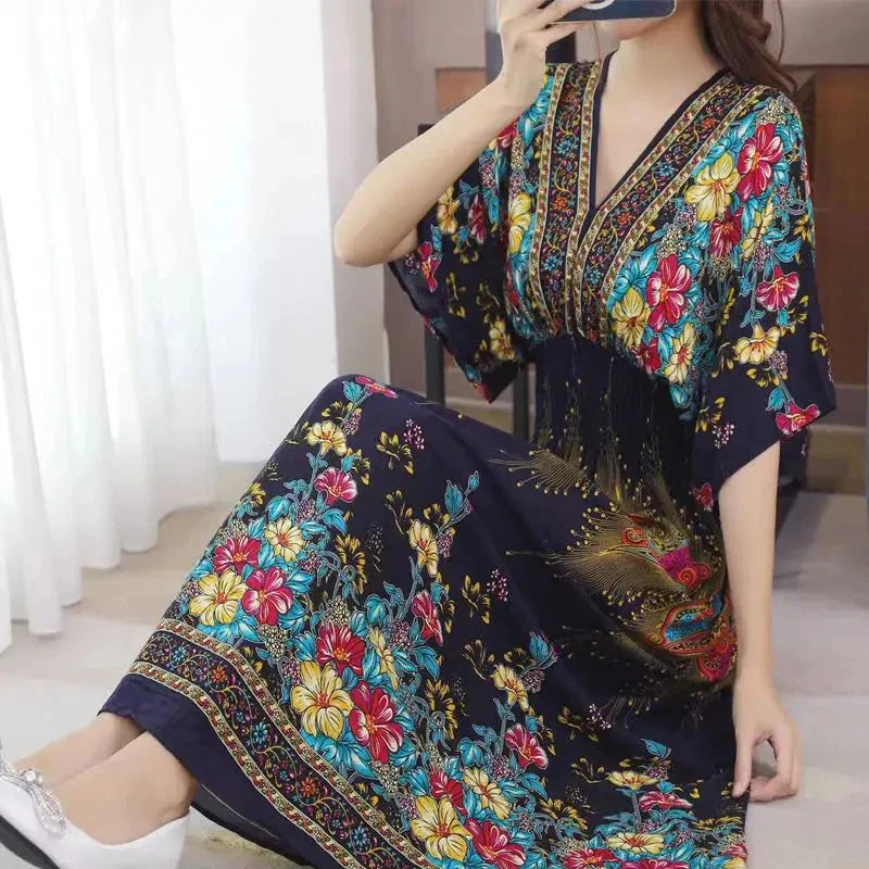 Flower V-neck Elastic Youthful Bohemian Sweet Midi Dress Woman Clothes Chic Fashion Summer Dresses 2025 Large Swing Ski