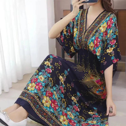 Flower V-neck Elastic Youthful Bohemian Sweet Midi Dress Woman Clothes Chic Fashion Summer Dresses 2025 Large Swing Ski