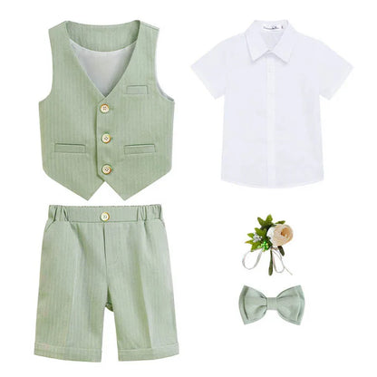 Children Boy Summer Cool Green Suit Kids Boys Vest Shirt Shorts Bowtie Ceremony Costume Formal Boys Breathable Slim Wedding Suit