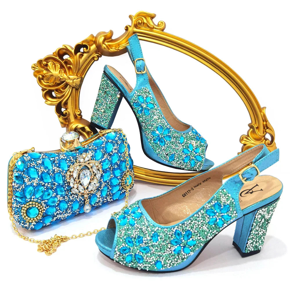 Luxury Fashion Ladies High Heel Slippers and Bags Set with Rhinestones for Wedding