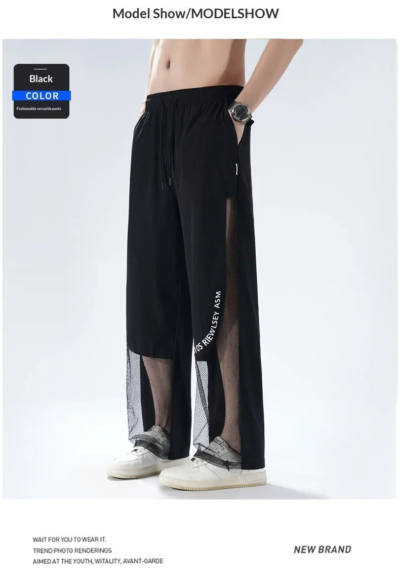Men's Ice Silk Pants, Summer Thin Mesh Breathable Sports Loose Casual Long Pants, Cool Touch, Mosquito Proof Pants