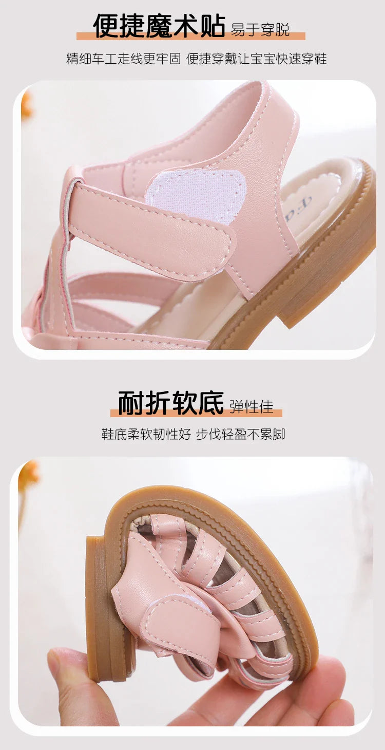 Cute Girls Sandals Bow Peep-toe 2023 New Soft Hook & Loop Beige Kids Princess Shoes Casual Shoes PU Cute Children Shoes Non-slip