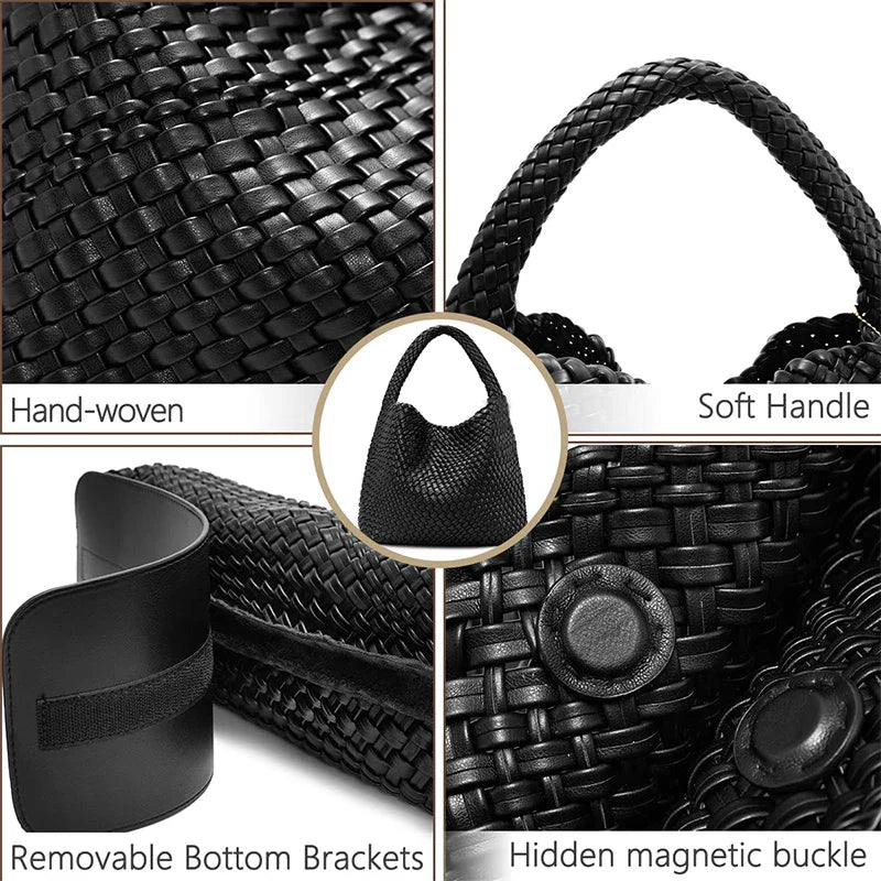 Woven Tote Bag for Women Large Woven Handbag Soft Leather Shoulder Bag Work Shopper Summer Beach Travel Tote Bag with Purse