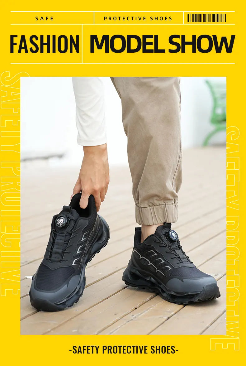 Shock Absorbing Safety Shoes for Men Steel Toe Lightweight Work Boots for Factory & Warehouse Rotary Button Indestructible Shoes