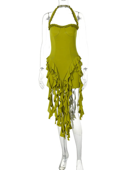 Elegant Halter Solid Ruffles Backless Taseel Sexy Slim Mini Dress Spring Women Cute Outfits Birthday Party Vacation