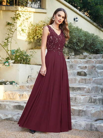 Vestido de festa de casamento em azul marinho com chiffon, renda, bordado, decote em V, cristal, sem mangas, elegante, formal, para madrinha de casamento