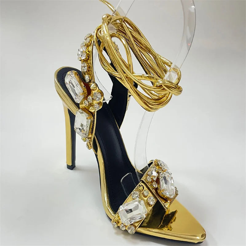 Sexy Ankle Strap Golded Sandals Women Party Nightclub Stripper Heels High Quality Crystal Diamond Pointed Toe Wedding Shoe