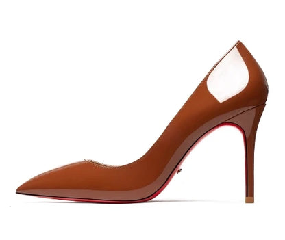 12CM Brown Patent Leather Pumps Women Red Bottom Heels Elegant High Heeled Stilettos Evening Shoe for Party
