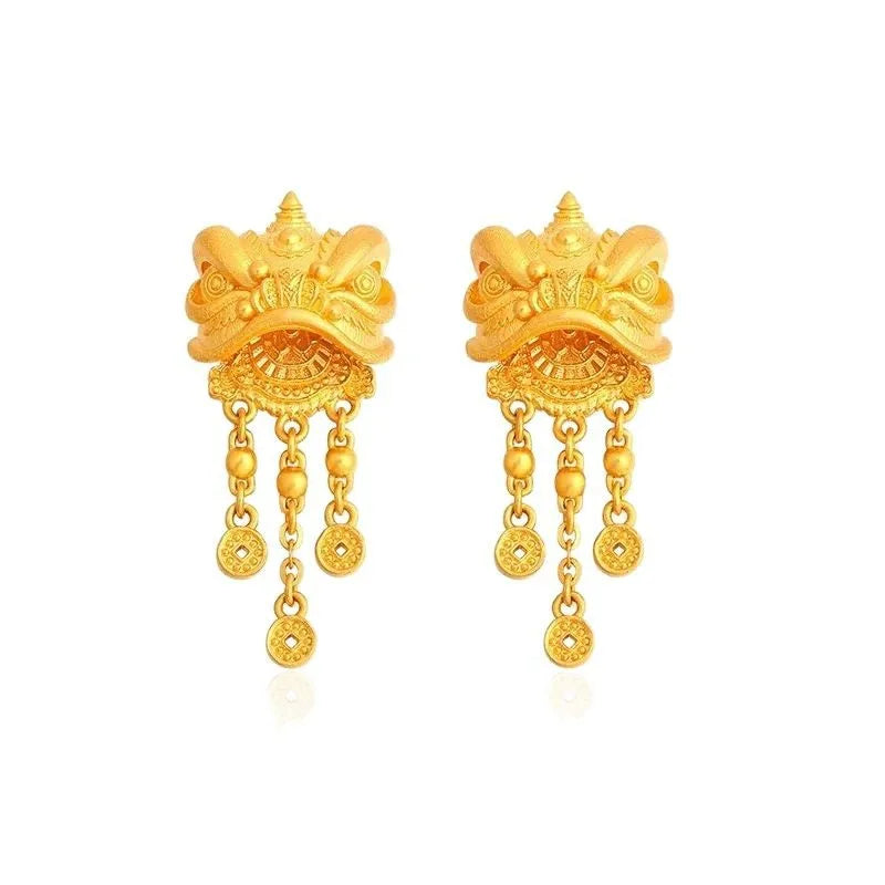 Women's 24K Gold (AU999) Lion Dance Tassel Earrings | Openwork lion pattern, micro-diamond glow with magnetic closure