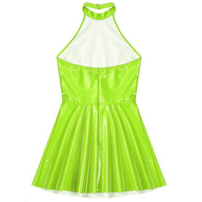 Glossy Patent Leather Glossy Mini A-Line Latex Dress for Womens Swing Skirt Skater Bodycon Mini Dress Rave Disco Party Clubwear