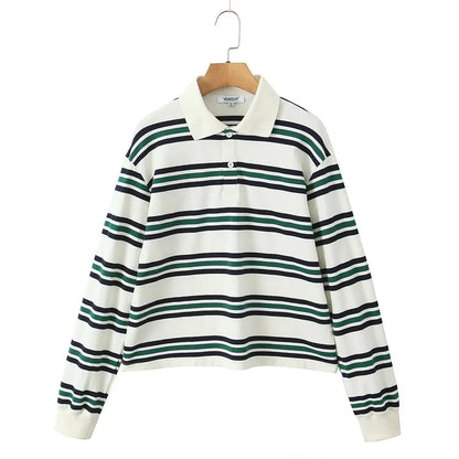 2025 Summer Ladies Polo Shirts Woman Long Sleeve Crop Top Striped Vintage Clothes Polo Shirts Mujer Streetwear Casual Tops Brown