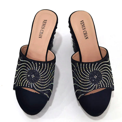 The Latest Italian Design Rotary Rhine-Diamond Floral Thick Heel Platform Women's Comfortable Shoes Bag and Shoe Set