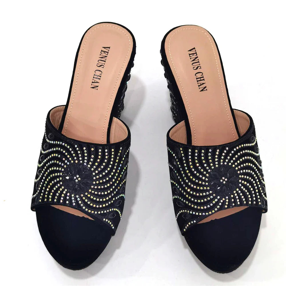 Women's Shoes High Heels Sexy Ladies Party Wedding Pattern Embroidery Mules Shoes and Bags Set for Italian