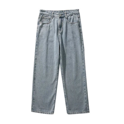 Korean Solid Colors Men's Casual Long Jeans Classic Man Four Seasons Straight Denim Wide-leg Pants Light Blue Grey Black 3XL