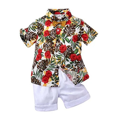 2026 Gentleman  Kids Boys Party Clothing Set Print Hawaii Style Short Sleeve Shirt +Short Pants Formal Suit Seaside Outfits 2Pcs