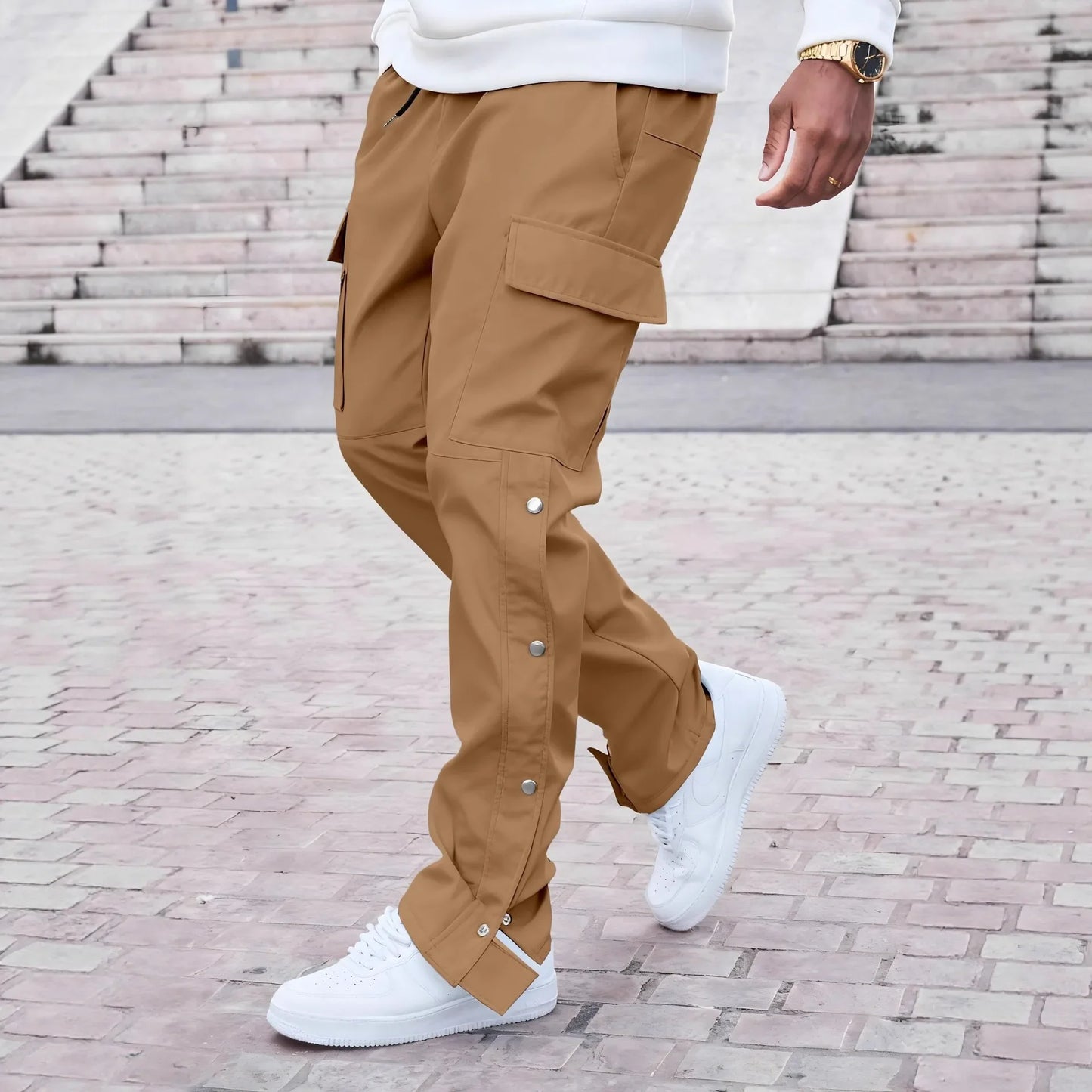 Younger generation school-style casual straight-legged drawstring men's trendy casual button-down long pants