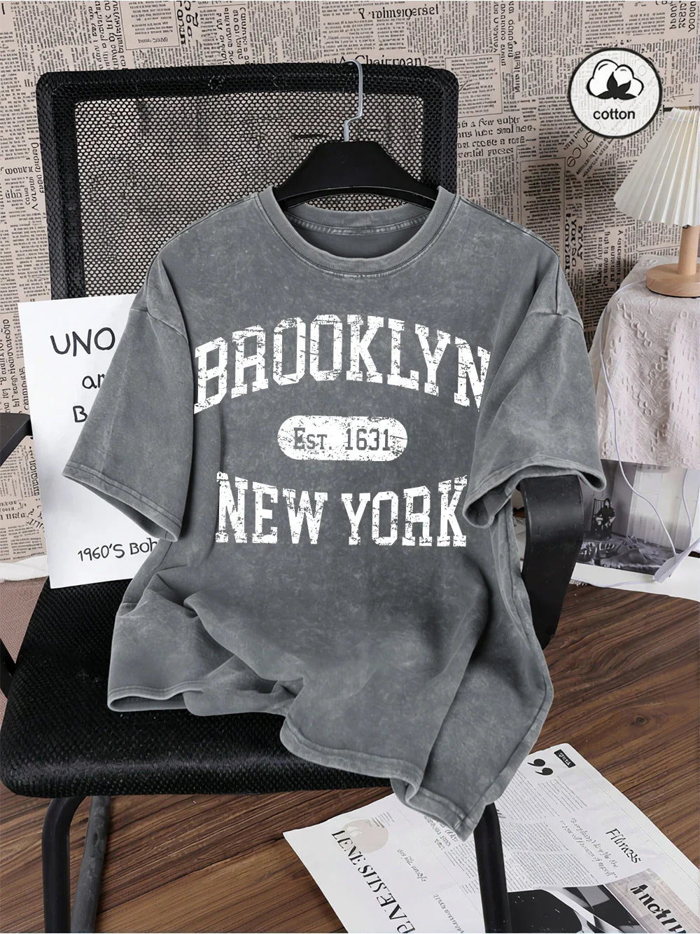 Brooklyn Est 1631 New York Prints Washed T-Shirt Mens Cotton Oversized T Shirts Casual Distressed O-Neck Tops Summer Male Tees
