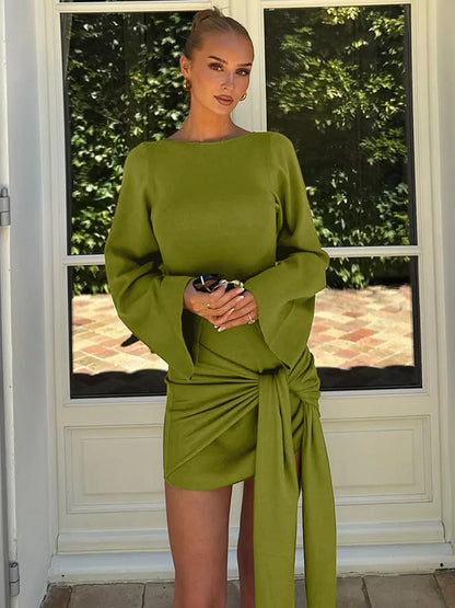 Autumn Fashion Elegant O-Neck Long Sleeve Slim Fit Lace Up Mini Dress Ladies Solid Casual Clothes Party Club Outfit
