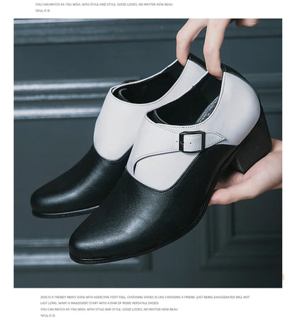 Dress Shoes Man Thick Heel Brogue Leather Men Wedding Party Social Shoe Male Business Casual White Platform Formal Shoes For Men