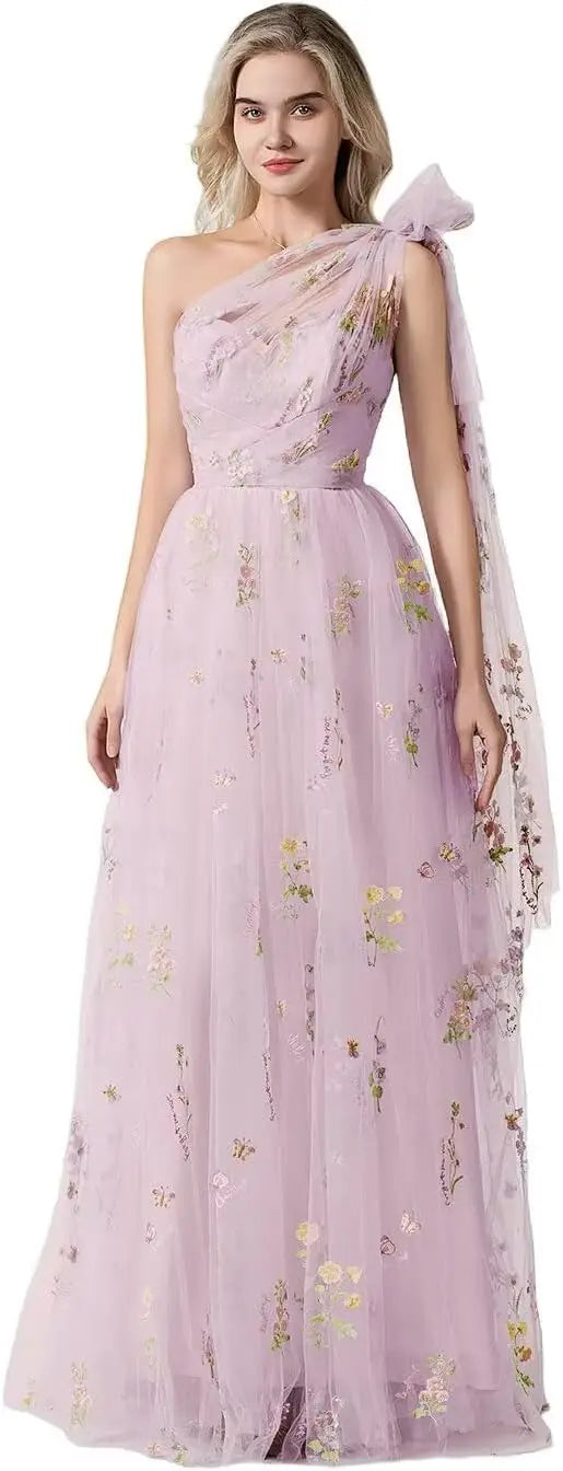 Vestido Longo de Formatura Feminino Elegante de Um Ombro Só com Bordado Floral em Tule, Modelo Godê para Festas de Gala