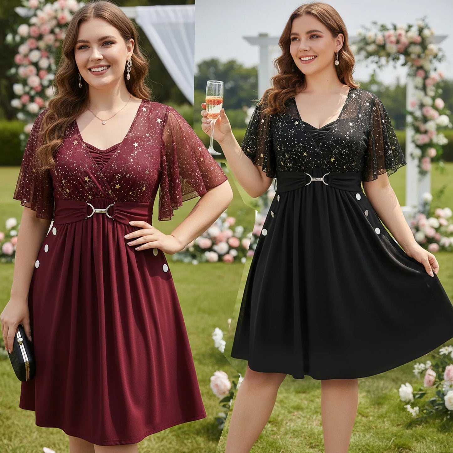 Plus Size Stars Print Buckle Button Pockets Ruched Butterfly Sleeves Dress Deep Blue Women Casual Square Collar Dresses