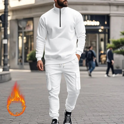 2024 autumn and winter men's casual velvet warm zipper sports trousers set
