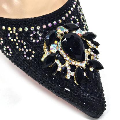 Girly Style Pointed Toe Wedding Shoes and Bag Full Diamond Decoration Metal Closure Bag Italian Design 2024