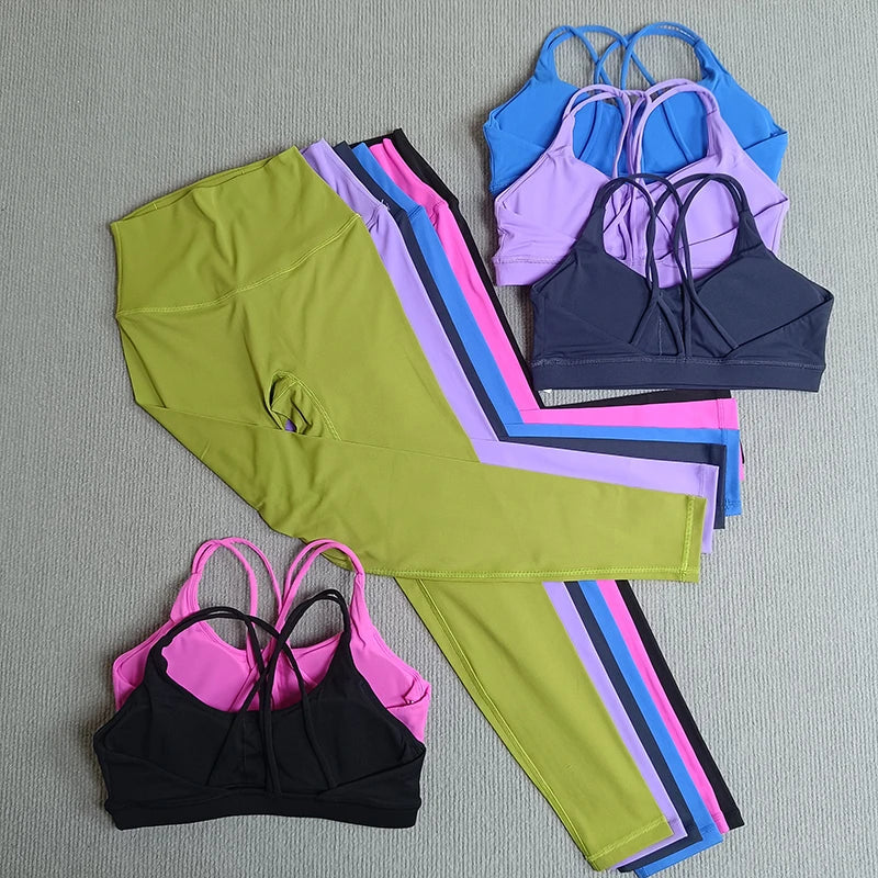 2 Pcs Women's Gym Tights Yoga Sports Set High Waist Leggings Cross Back Bra Top Fitness Running Workout Tracksuit
