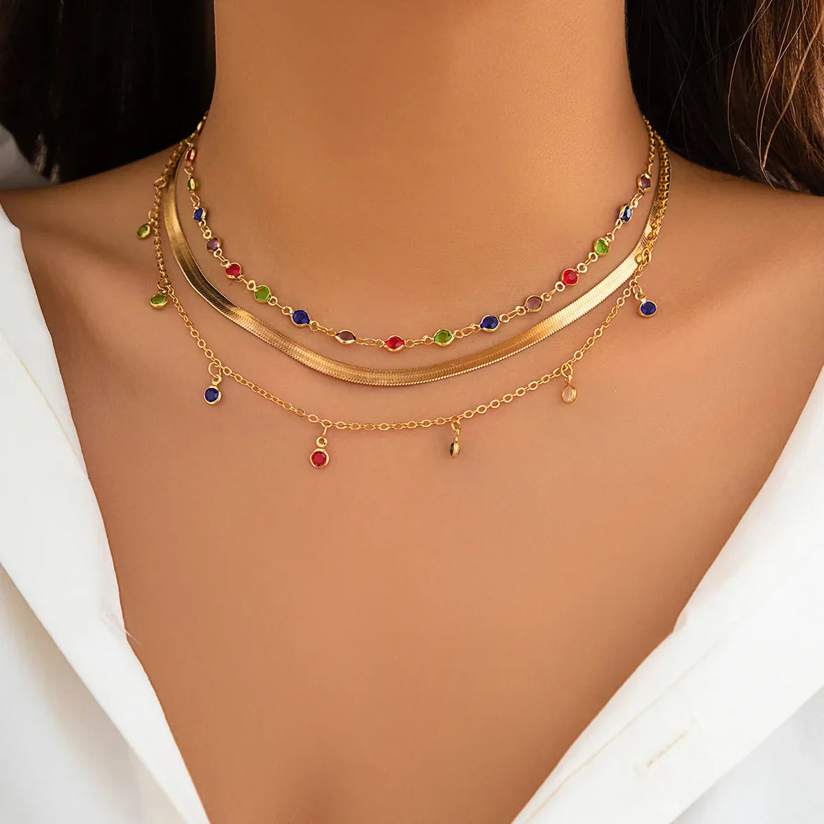 Trendy MultiLayered Color Crystal Chain Choker Necklace for Women Boho Flat Snake Chain Clavicle Short Necklace