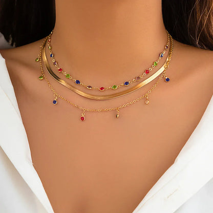 Trendy MultiLayered Color Crystal Chain Choker Necklace for Women Boho Flat Snake Chain Clavicle Short Necklace