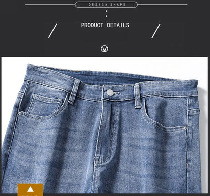 Calça Jeans Masculina Coreana Macia Elástica Slim Fit Negócios Casual Reta Jeans Clássica Marca Azul Lavado Cinza