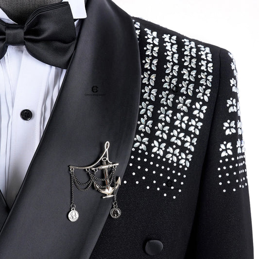 Elegant Men's Suits Double-Breasted Jewelry Ornament Handmade Tuxedo for Wedding Groom Party Jacket Pants