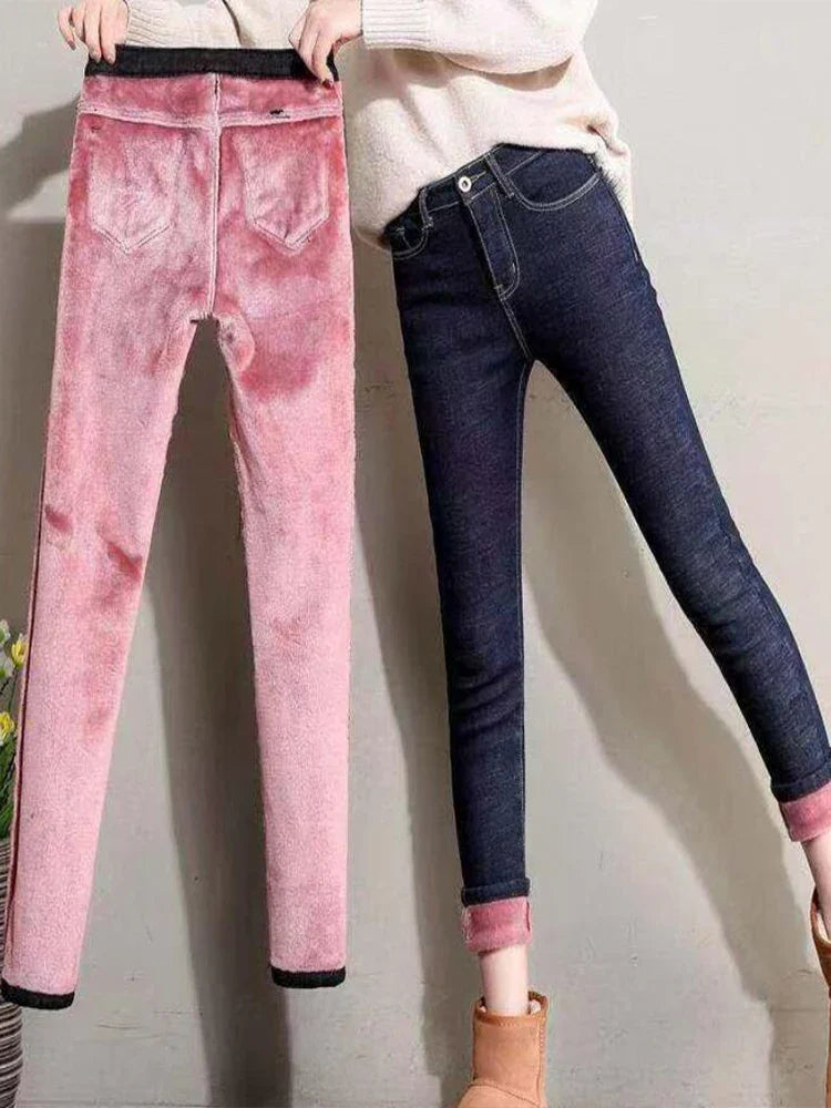 Women's Thick Velvet Jeans, Stretch High Waist Pencil Pants