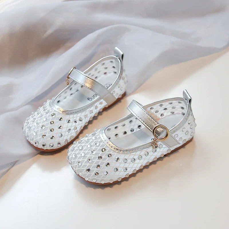 Summer Toddler Girls Princess Rhinestone Mesh Mary Jane Shoes Round Toe Hook Loop Non-Slip Soft Sole Casual Daily Walking Shoes