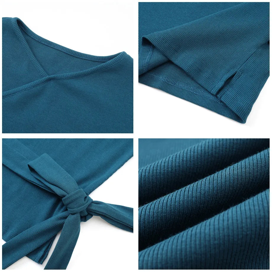 woman clothes thicken ribbing closed-fit wrap tops + Satin Adjustable straps dress (ship out in 1 day)